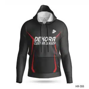 Dekora Custom Jersey 485 Premium Black Red Polyester Fabric Hoodie with Logo; best White Red Sports Hoodies Custom Design with Name Number; custom hoodie maker; customizable hoodies; custom hoodies for men;
