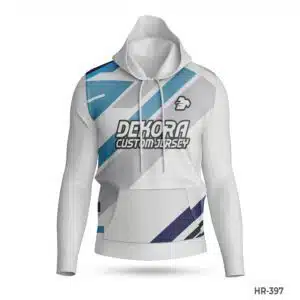 Dekora Custom Jersey 555 Premium Polyester White Hoodie with Sublimation Print; Premium Blue Custom Hoodies Sports Clothes Maker in USA; custom hoodie maker; customizable hoodies; custom hoodies for men;