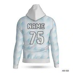 Dekora Custom Jersey 586 Premium White Blue Color Sport Hoodie with Name Number; best Make Custom Made Hoodies Cheap with Sublimation Print; Top Quality custom print hoodie with Printed Team Logo; Make custom made hoodie with Team Logo; customizable hoodies; personalized sweatshirt; custom hoodies for men;