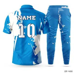 Blue White Polo cricket uniform Set Maker in USA; Customized Blue Cricket Uniform with Logo; Premium Polo Cricket Team Uniform with Team Logo; uniforms for all sports; sublimated sports uniforms; best uniforms in sports;