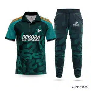Customized Polo Cricket Green Team Uniform with Logo; Premium Polo Cricket Team Uniform with Team Logo; Chinese Neck Custom Cricket Uniforms with Team Logo; cricket uniform full set; uniforms for all sports; sublimated sports uniforms; best uniforms in sports;